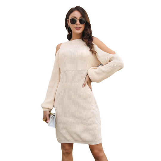 Damen Strickkleid mit Off-Shoulder-Design und langen Puffärmeln EB