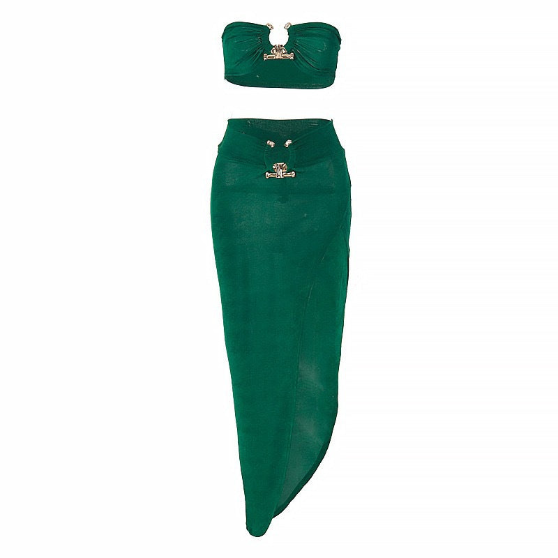 Damen Stylisches Bandeau-Top und Maxi-Rock Set mit hohem Schlitz und eleganten Details EB