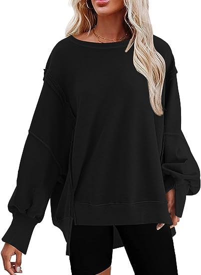 Damen lässiger Sweatshirt mit Ballonärmeln und seitlichen Schlitzen EB