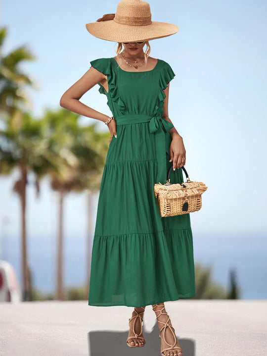 Damen Maxikleid mit Rüschendetails und tailliertem Gürtel EB