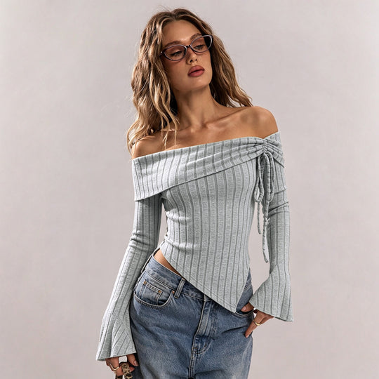 Damen schulterfreies geripptes Strick-Top mit asymmetrischem Zipfelsaum und Schnürdetail Eichborn Berlin