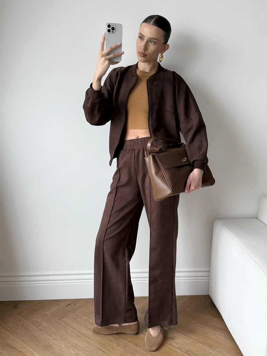 Damen nan zweiteiliges Velours-Loungewear-Set mit kurzem Zip-Hoodie und weiter Highwaist-Hose EB