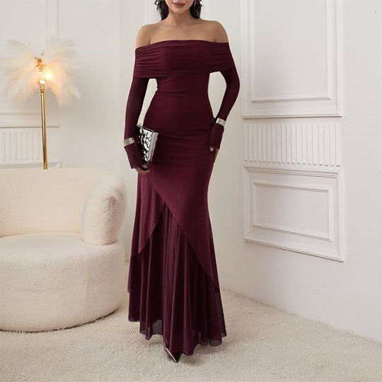 Damen elegantes schulterfreies Maxikleid mit raffiniertem Rüschenoberteil und asymmetrischem Saum EB