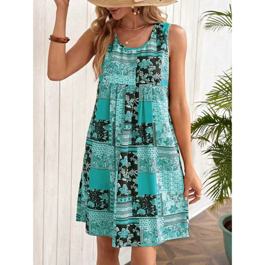 Damen Freizeitleinenkleid mit buntem Patchwork-Design EB