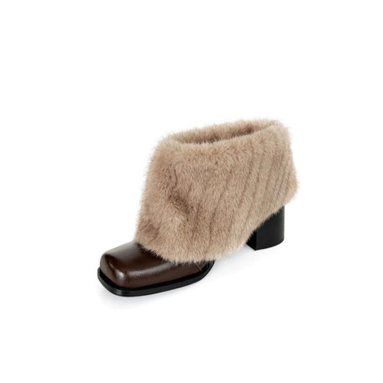 Damen Elegante Stiefeletten mit luxuriösem Kunstfellkragen und bequemem Blockabsatz EB