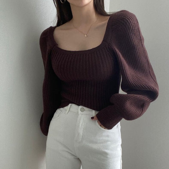Damen Feinstrickpullover mit modernem Quadrat-Ausschnitt und weit geschnittenen Ärmeln EB