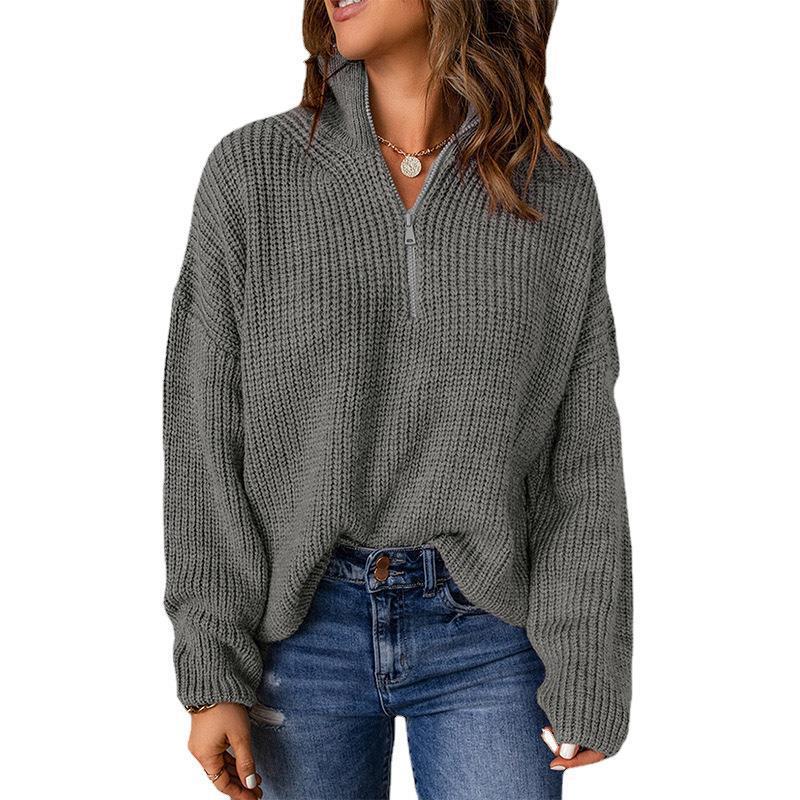 Damen Grobstrickpullover mit Stehkragen und Reißverschluss EB