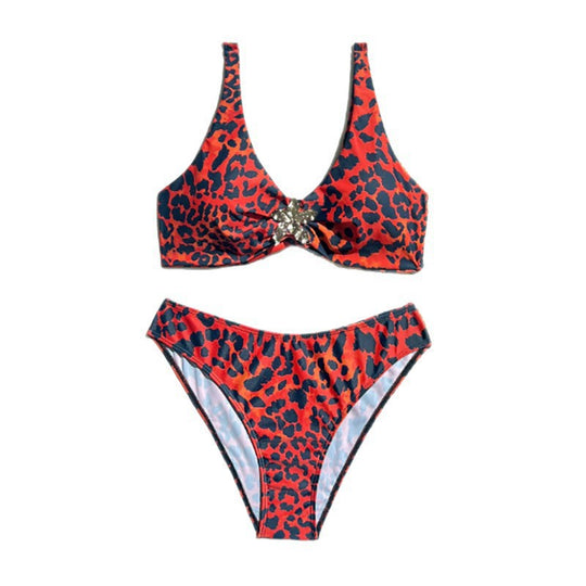 Damen Bandeau-Bikini mit glitzerndem Akzent und animalischem Muster EB