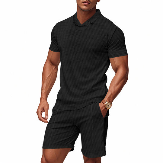 Herren nan lässiges Waffelstruktur-Freizeitset mit Reverskragen-Kurzarmshirt und elastischen Freizeitshorts EB