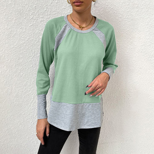 Damen lässiges Langarmshirt mit Waffle-Struktur und Kontrastärmeln EB