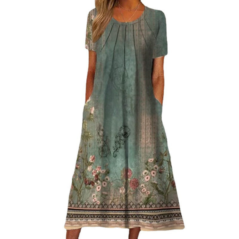 Damen Langes Kleid mit eleganten Kräuselungen und Taschen EB