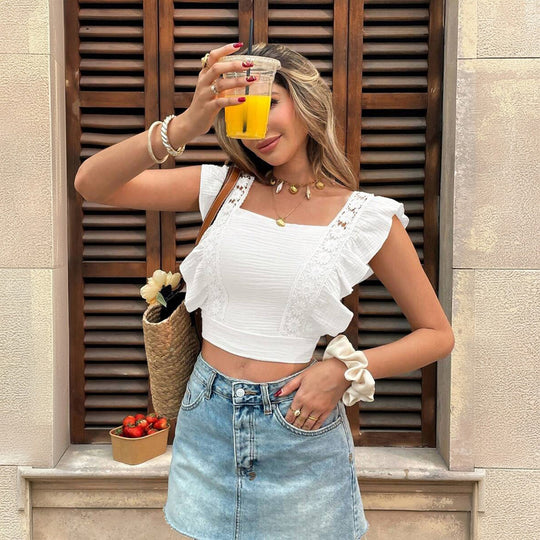 Damen Crop-Top mit romantischer Spitzenverzierung EB
