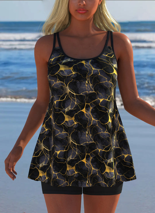 Damen Schwimmanzug in Plissee-Optik mit floralen Mustern und bequemen Shorts EB