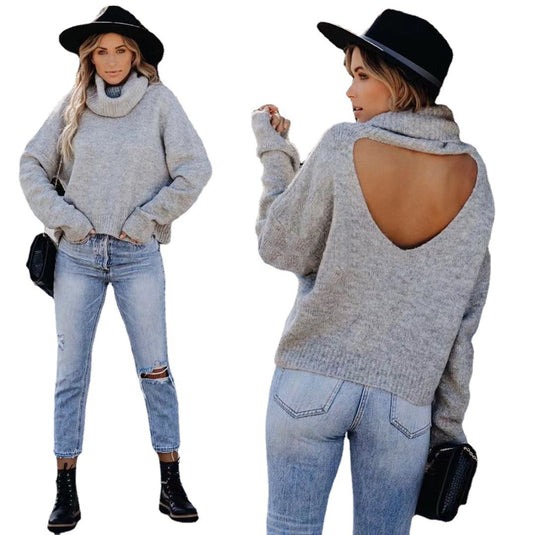 Damen Strickpullover mit hohem Kragen und lässigem Schnitt EB