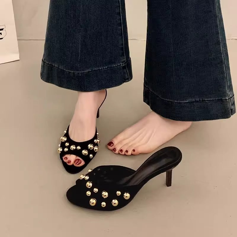 Damen elegante Mules mit goldenen Perlen EB