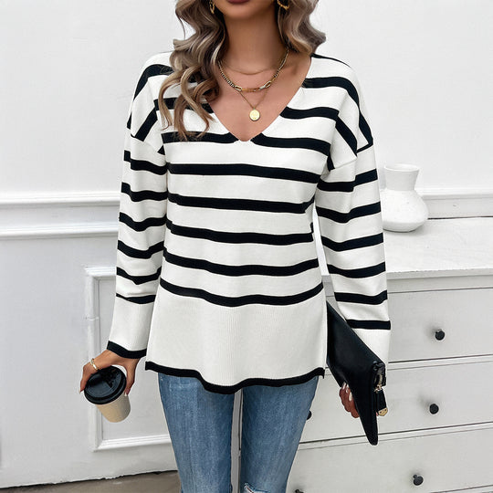 Damen nan gestreifter V‑Neck Feinstrickpullover mit verlängertem Tunika‑Schnitt und geripptem Saum EB
