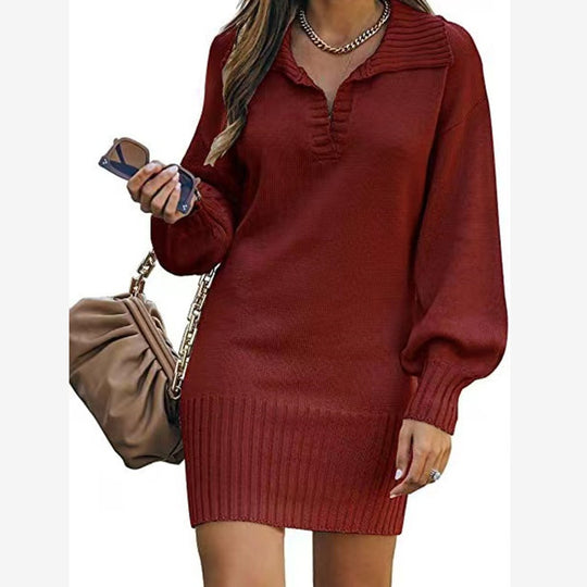 Damen nan schulterfreies Strickminikleid mit weitem V-Ausschnitt und Rippbund EB