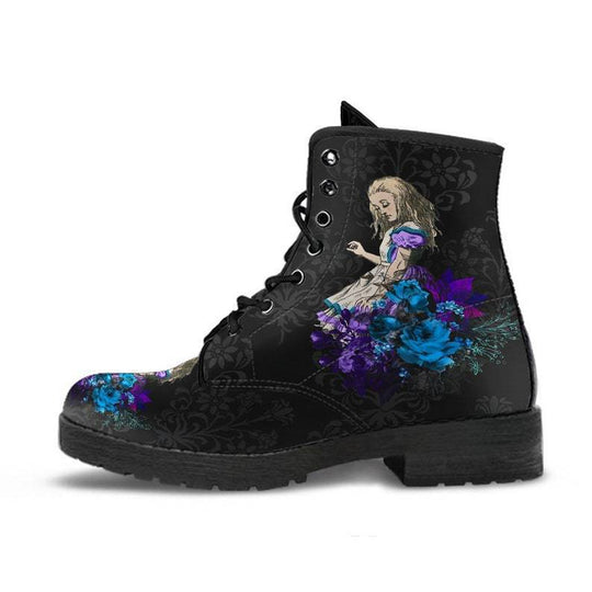 Damen nan modische knöchelhohe Schnür-Bikerboots mit auffälligem Totenkopf-Rosen-Print und robuster Profilsohle EB