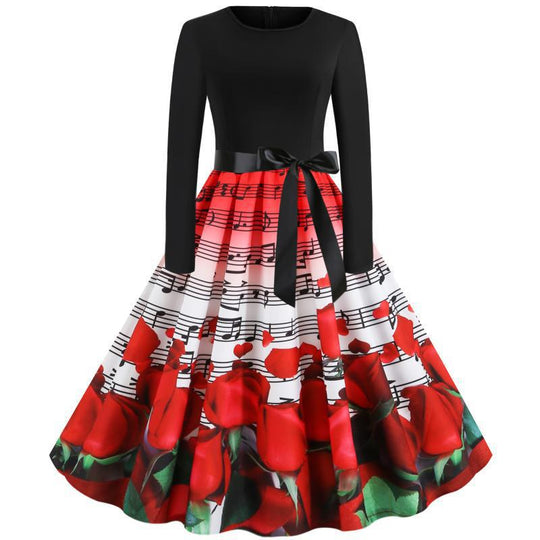 Damen tailliertes A-Linien Kleid mit Noten- und Rosenprint Langarm und Taillenschleife EB