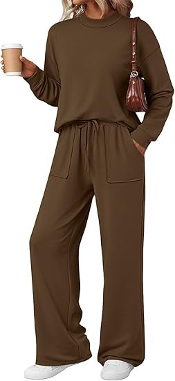 Damen Loungewear-Zweiteiler aus weichem Jersey mit Rundhalsausschnitt und weitem Kordelzug-Hose EB