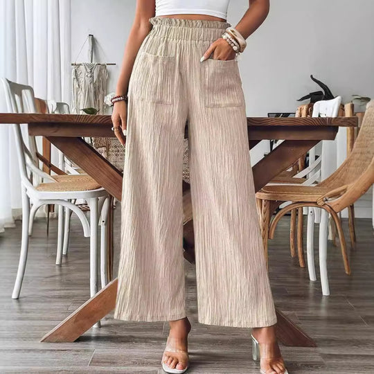 Damen Weitgeschnittene Leinenhose mit elastischem Bund und praktischen Taschen EB