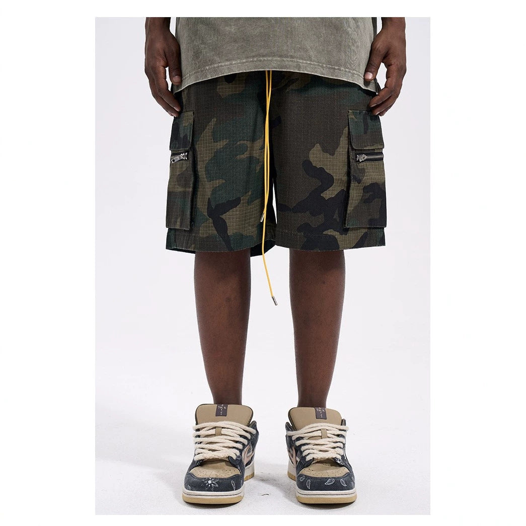 Herren nan Cargo-Shorts im Camouflage-Ripstop mit Elastikbund, Tunnelzug und Reißverschlusstaschen EB