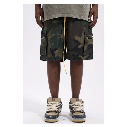 Herren nan Cargo-Shorts im Camouflage-Ripstop mit Elastikbund, Tunnelzug und Reißverschlusstaschen EB