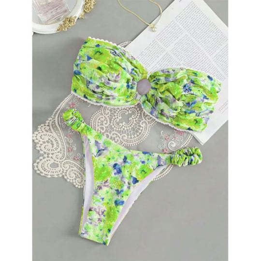 Damen Bandeau-Bikini mit romantischem Rüschendesign und verführerischem Blumenmuster EB