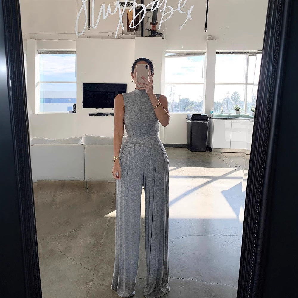 Damen Eleganter Jumpsuit mit hochgeschlossenem Design und weiten Beinen EB