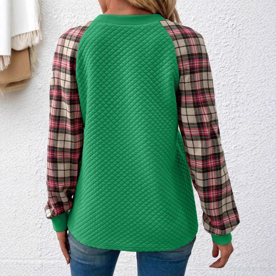 Damen Lässiger Sweatshirt mit gestepptem Design und karierten Ärmeln EB