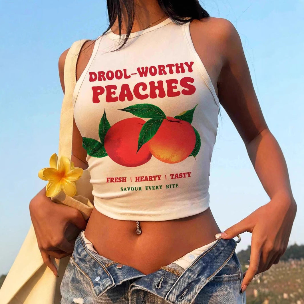 Damen ärmelloses Crop-Top mit fruchtigem Grafikdruck und lässigem Schnitt EB