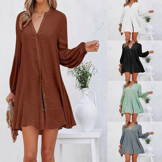 Damen Lässige Bluse mit Ballonärmeln und durchgehender Knopfleiste EB