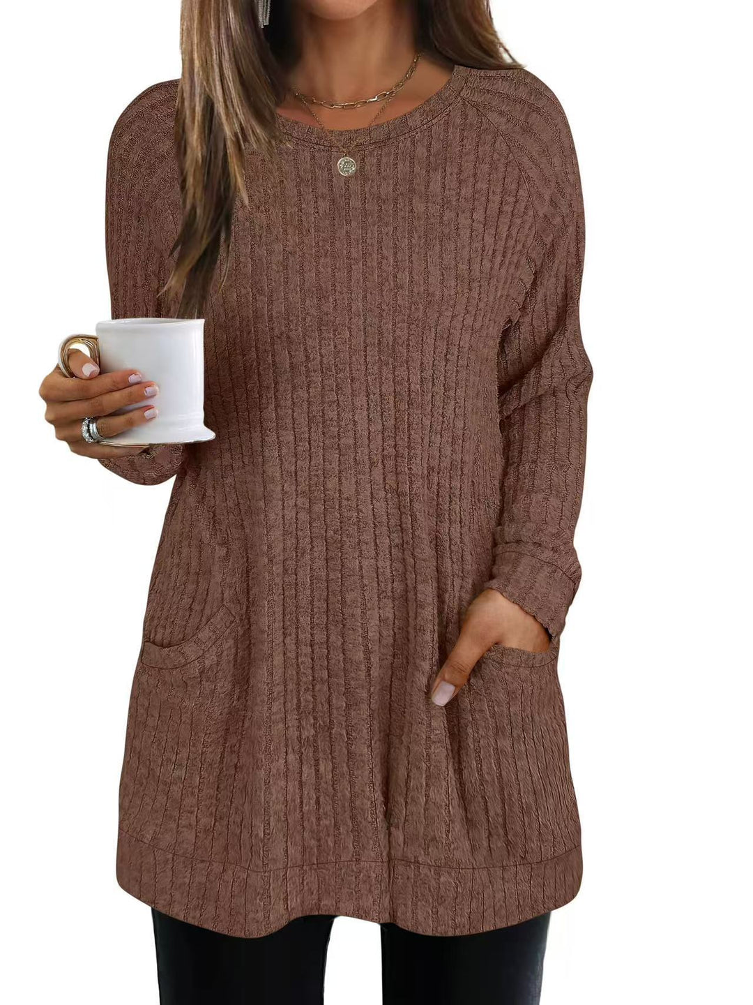 Damen lässiger Strickpullover mit seitlichen Eingrifftaschen und Rippenstruktur EB