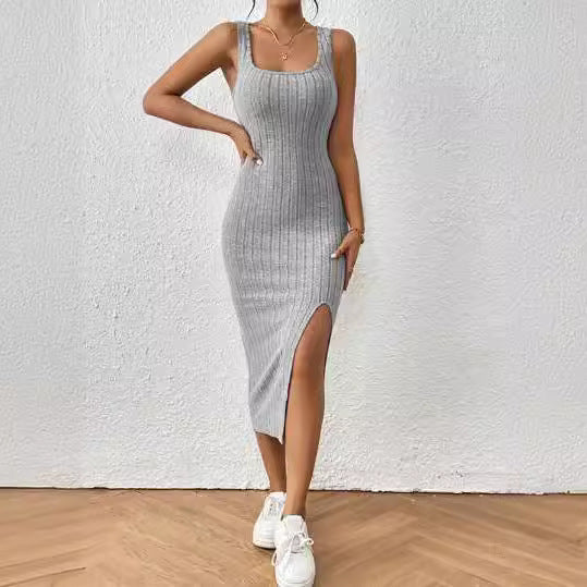 Damen figurbetontes Maxikleid mit hohem Schlitz und dekorativem Rippenmuster EB