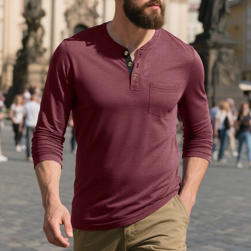 Herren nan schmal geschnittenes Henleyshirt mit Brusttasche und kontrastierender Knopfleiste EB