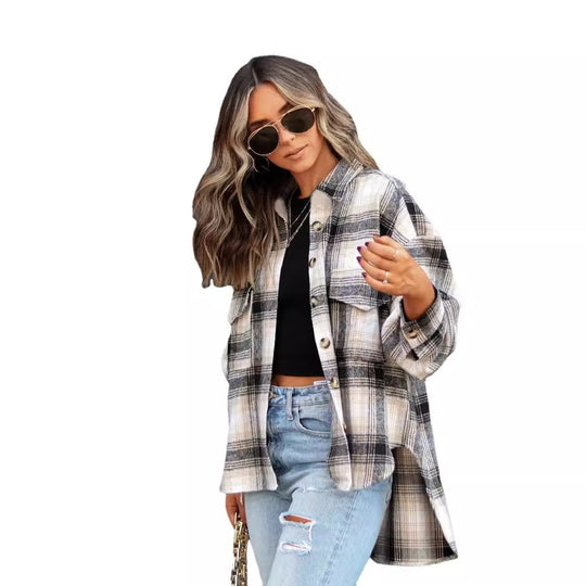 Damen Kariertes Oversized-Hemd im lässigen Stil EB