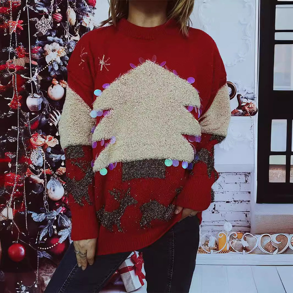 Damen festlicher Pullover mit weihnachtlichem Motiv und Glitzerapplikationen EB