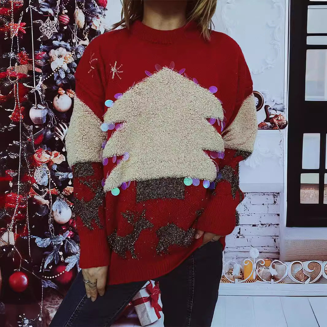 Damen festlicher Pullover mit weihnachtlichem Motiv und Glitzerapplikationen EB