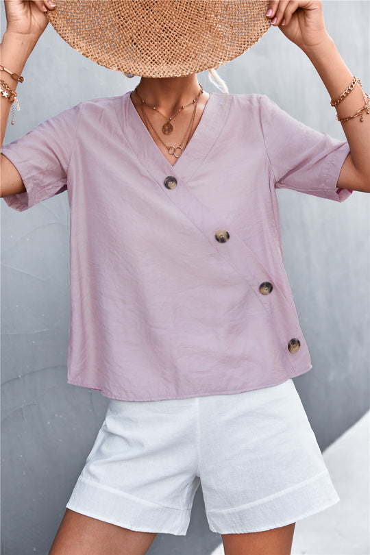 Damen lässige Bluse mit Wickeloptik und Knopfdetails EB