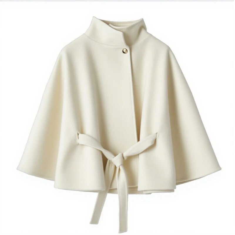 Damen elegante Umhangjacke mit Bindegürtel und hochgeschlossenem Kragen EB
