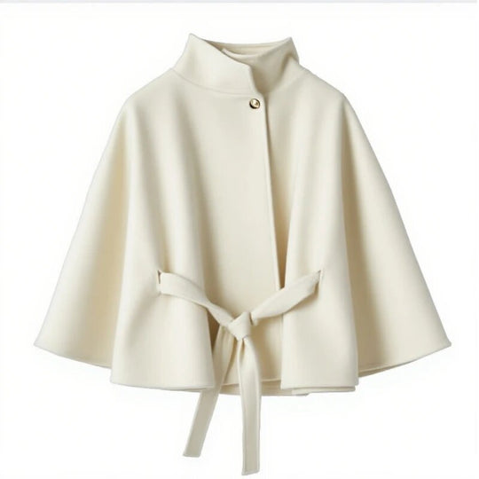 Damen elegante Umhangjacke mit Bindegürtel und hochgeschlossenem Kragen EB