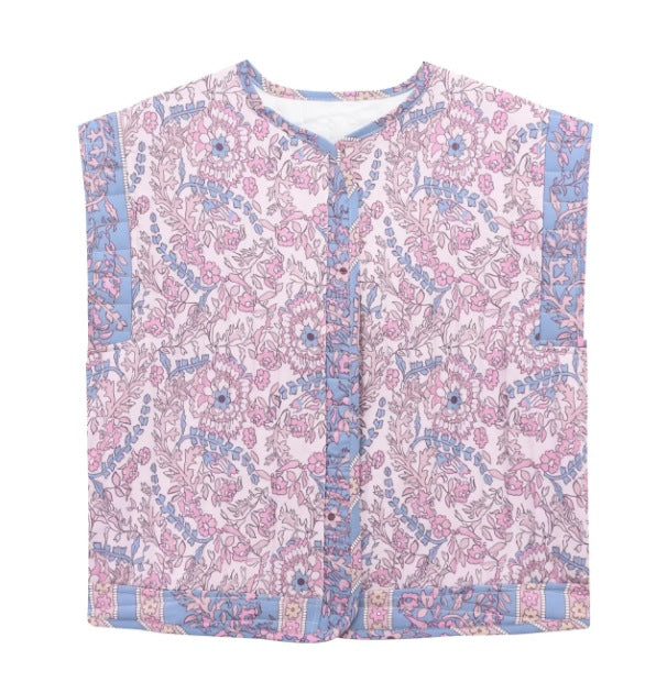 Damen Gesteppte Weste mit Floralem Design und Praktischen Taschen EB