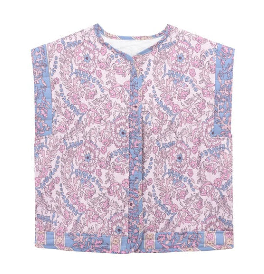 Damen Gesteppte Weste mit Floralem Design und Praktischen Taschen EB