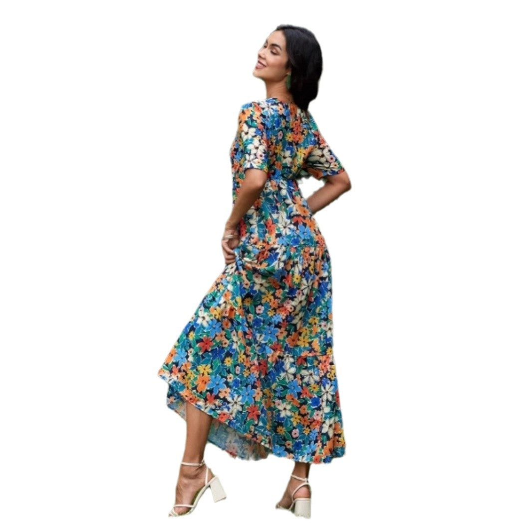 Damen Maxikleid mit voluminösen Rüschen und modischem V-Ausschnitt EB