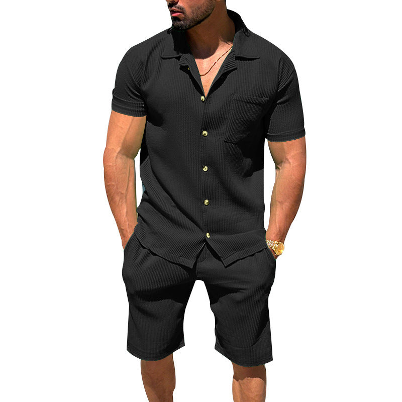 Herren nan lässiges zweiteiliges Freizeitset aus geripptem Jersey mit Hemdkragen Knopfleiste und Shorts EB