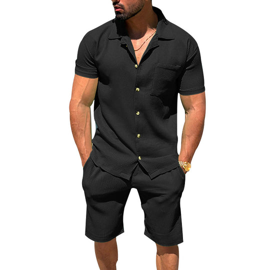Herren nan lässiges zweiteiliges Freizeitset aus geripptem Jersey mit Hemdkragen Knopfleiste und Shorts EB