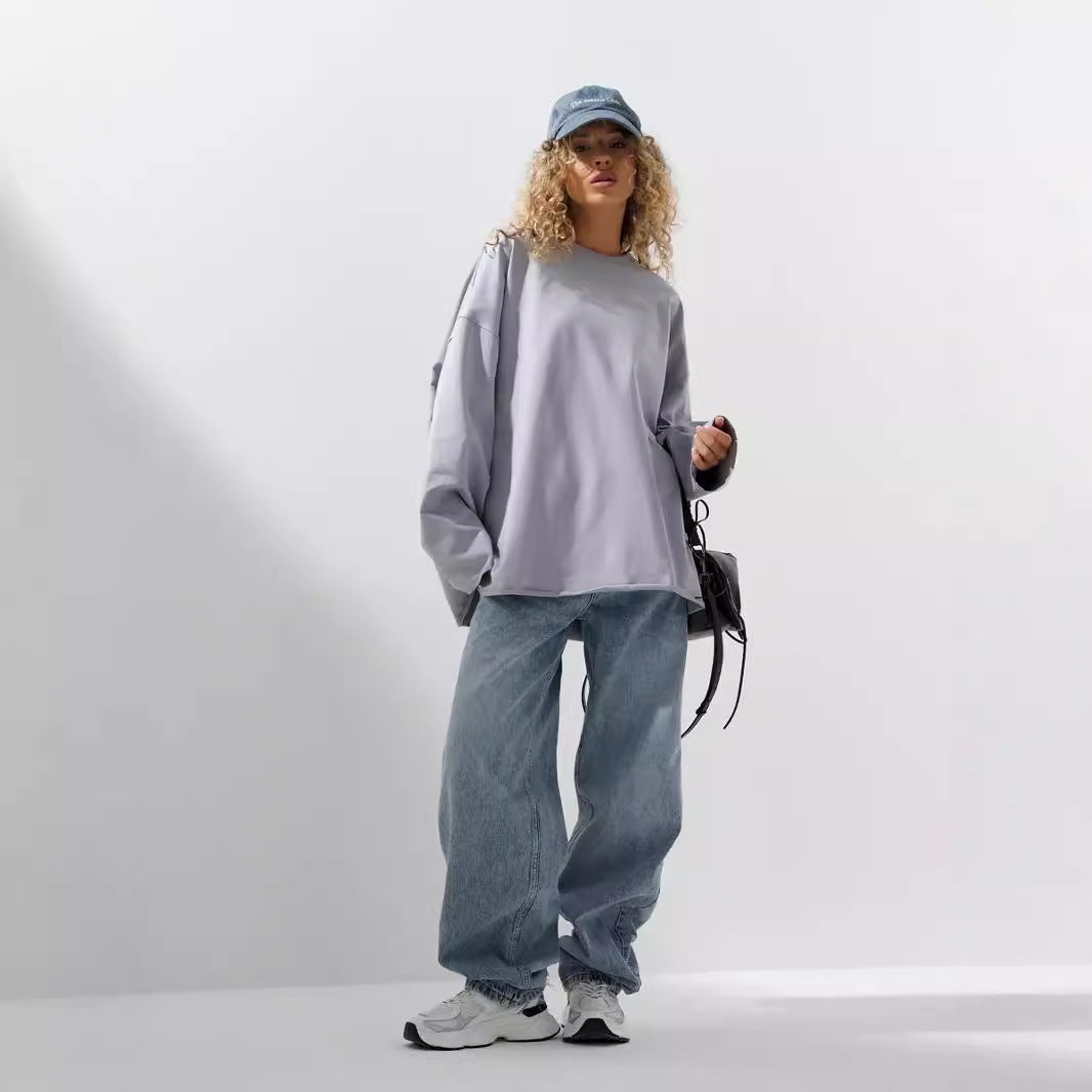 Damen weites Sweatshirt mit Rundhalsausschnitt und verlängertem Oversize-Schnitt EB