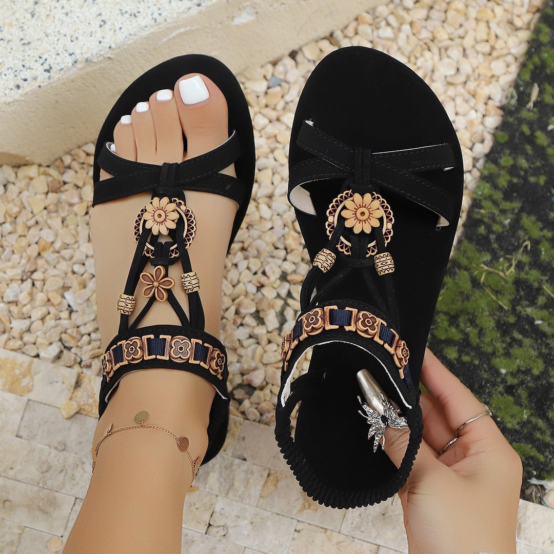 Damen elegante Sandalen mit floralen Zierdetails und verstellbarem Riemen EB