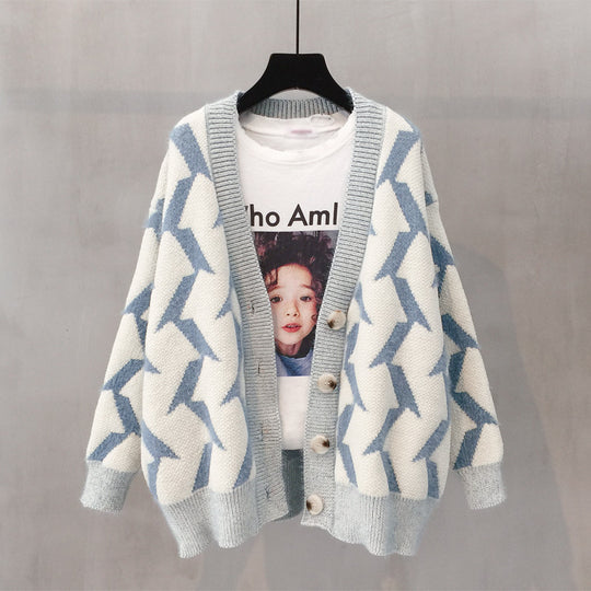 Damen Grobstrick Cardigan mit modernem Zickzackmuster und Knopfdetails EB