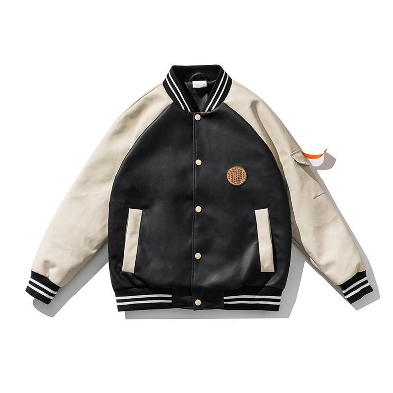 Herren College-Bomberjacke im Varsity-Stil aus Kunstleder mit Kontrastärmeln und Rippbündchen EB